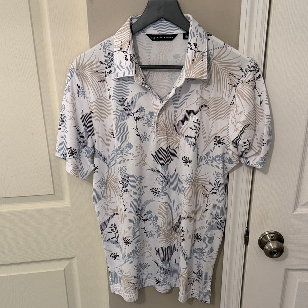 Travis Mathew Cream and Gray Patterned Polo Shirt